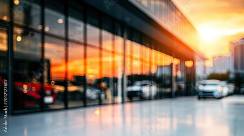 Blurry sunset reflection on car dealership glass