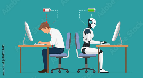 Schilderij op canvas Man working alongside robot at office desks, technology and human collaboration