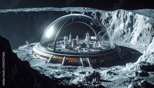 Futuristic Lunar Base Under Dome Structure.