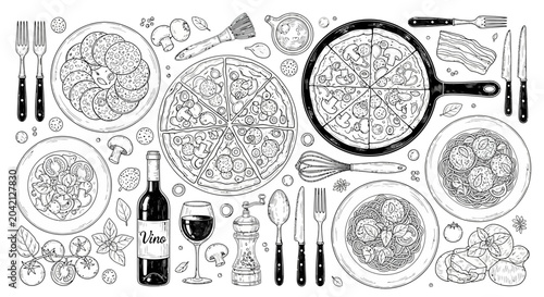 Food and wine illustration, restaurant menu concept, dining background