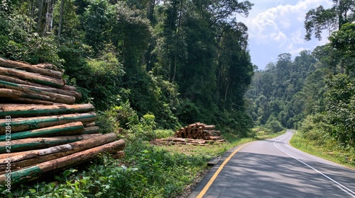 Freshly cut logs stacked by a winding road through a lush, green forest