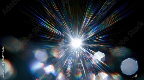 A bright, starburst-like light flares with colorful refractions against a black background