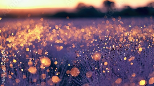 Soft focus lavender field with glowing bokeh lights at sunset