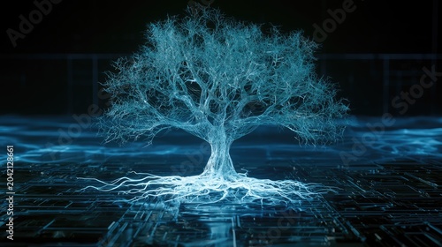 Luminescent digital tree with roots entwined in circuit board