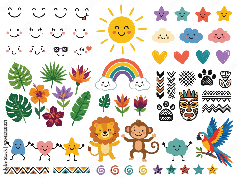 Obraz premium Kawaii jungle animal vector set, cute tropical safari clip art collection, colorful summer icons with lion monkey and parrot for kids