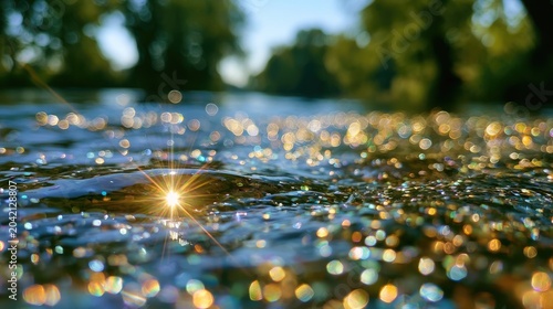 Sunlit water sparkles with rainbow reflections, reflecting trees in background