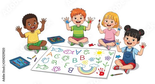 Diverse children playing with alphabet mat, learning concept, kids education background