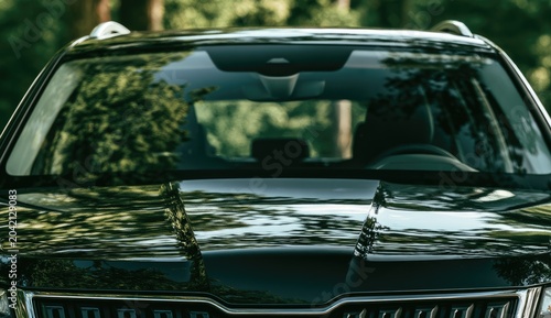 Close-up of a shiny black car's hood and windshield, framed by trees