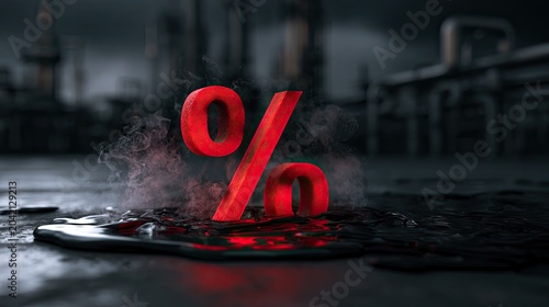 Glowing red percentage sign emerges from oil slick at industrial complex