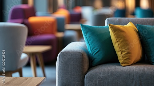 Modern gray sofa with vibrant teal and yellow accent pillows