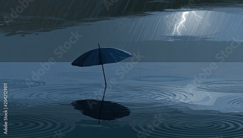Lone umbrella stands against stormy sky with lightning strike over water