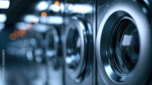 Row of shiny metallic washing machine drums, softly lit with bokeh