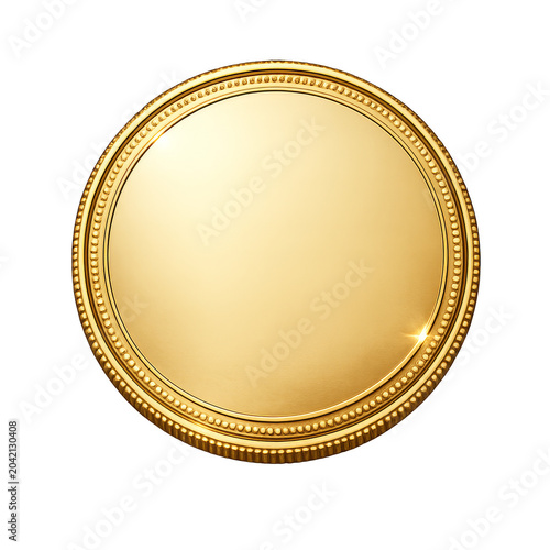 Shiny blank gold coin isolated on white background featuring a polished metallic surface with detailed embossed edges for financial investment and banking concepts