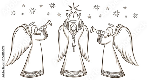 Quadro su tela Three angels blowing trumpets, Christmas illustration, holiday concept, festive