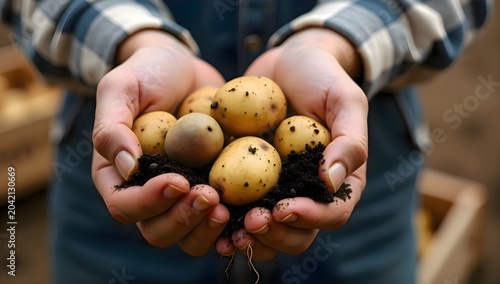 Person holding a handful of potatoes in their hands, organic natural farm harvest harvest crop, agricultural grocery worker lifestyle product