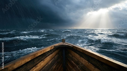 Wooden vessel navigates choppy seas under stormy skies and sunbeams