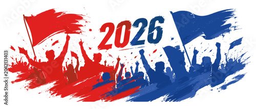 Bilde på lerret Abstract soccer fan celebration poster with waving flags, stadium silhouettes an
