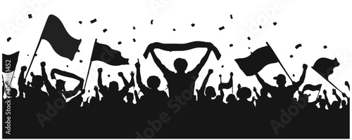 Fotografie Soccer fans cheering silhouette, large black supporter crowd with flags and scar
