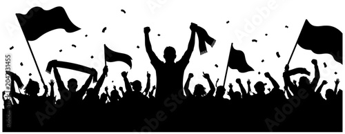 Tableau sur toile Black soccer crowd silhouette with excited fans waving flags, stadium supporters