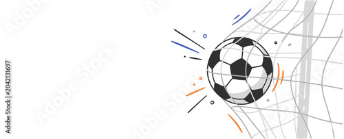 Foto Soccer goal banner vector with football ball hitting net, modern flat sports cam