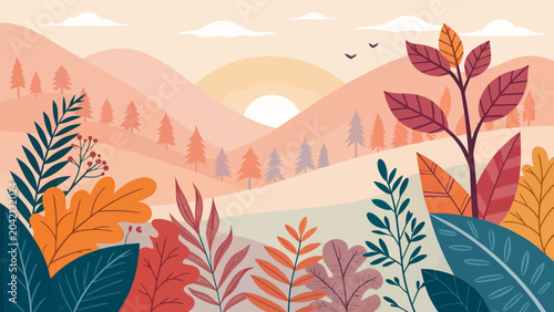 Autumn landscape with colorful leaves in the foreground and mountains in the background