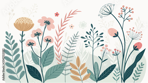 Seamless pattern with hand drawn wild flowers and herbs