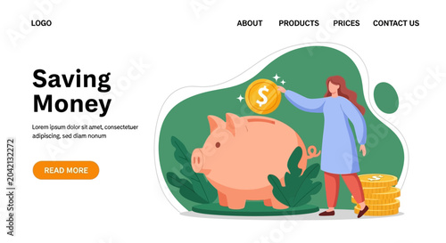 Fotografie Woman saving money, piggy bank concept, financial planning illustration