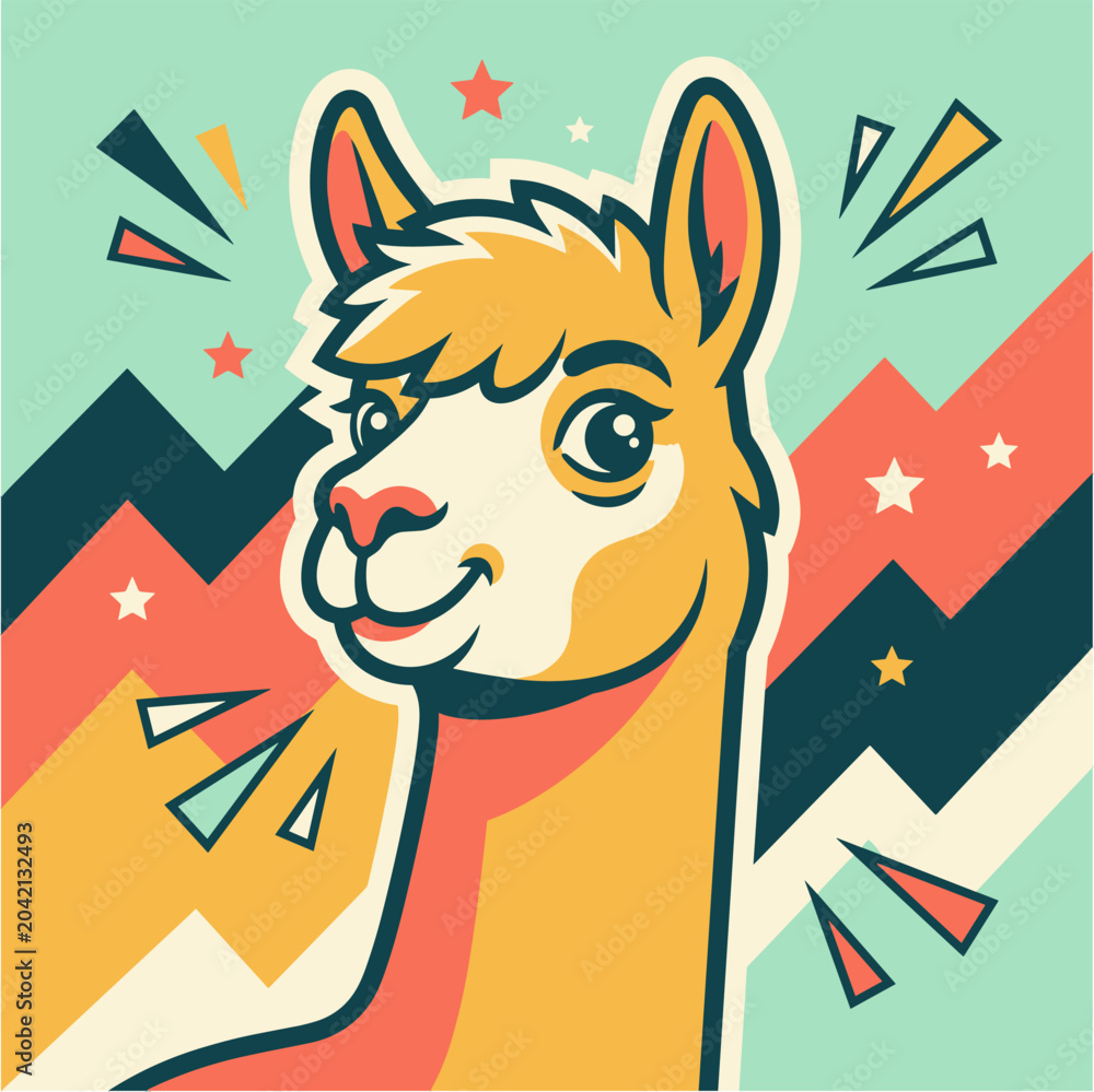 Naklejka premium Cute llama head portrait retro graphic illustration