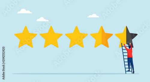 Tableau sur toile Man reaching for fifth star rating, climbing ladder to excellence, business conc