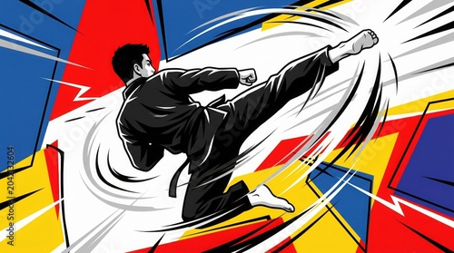 Dynamic Martial Arts Fighter Performing a Powerful High Kick in a Combative Pose with Vibrant Abstract Background Lines