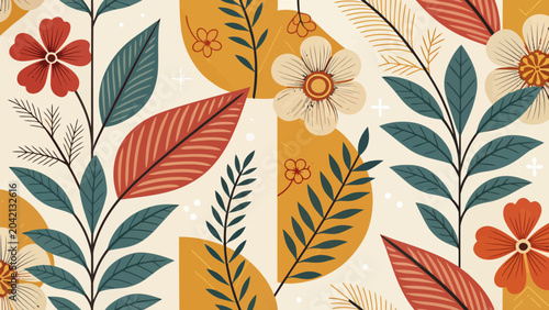 Seamless floral pattern with botanical elements, stylized flowers and leaves in retro boho style