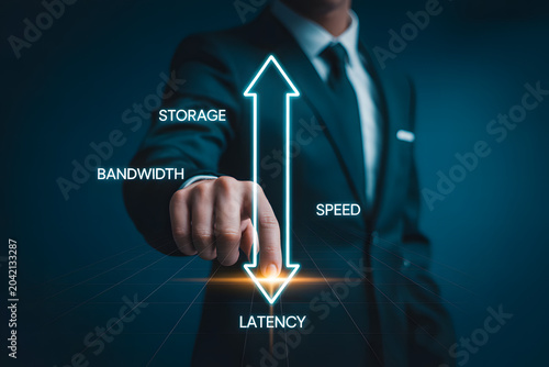 Businessperson pointing at glowing digital arrow labeled storage, bandwidth, speed, and latency, symbolizing network optimization, data performance, and digital efficiency