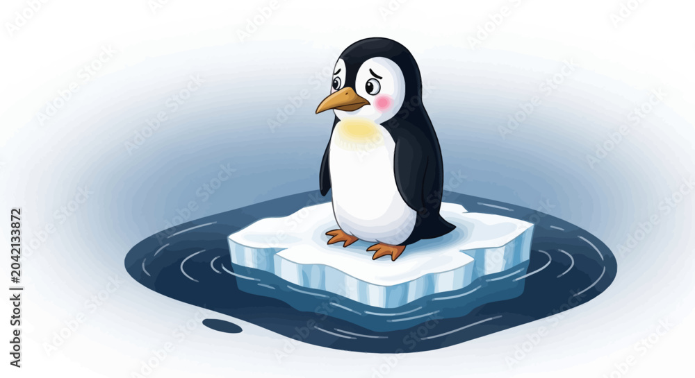 Obraz premium Cute cartoon penguin standing on melting ice floe, climate change concept, illustration