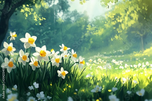 A spring meadow of daffodils with fresh white flowers in the park