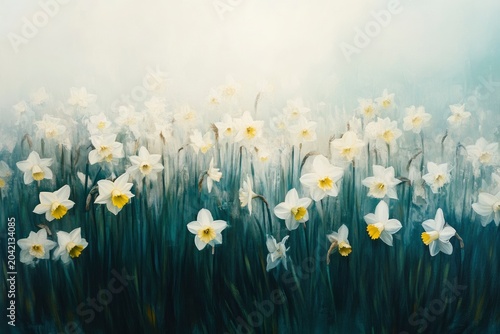 A dreamy field of blooming white daffodils, an impressionist spring floral landscape, copy space, background
