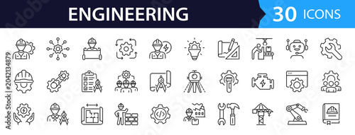 Engineering Web Icon Set in Linear Style. Collection of Industrial technology line icons, including technology, mechanical, engineer, construction, worker, blueprint, tools and more. Editable stroke