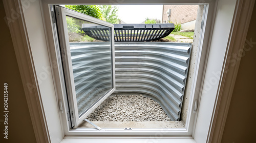 Basement Egress Window with Metal Window Well and Safety Cover | Residential Emergency Exit for Underground Rooms | Home Renovation and Safety Features | Natural Light and Ventilation Solution