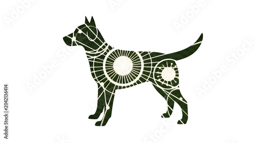 Silhouetted dog with geometric sunburst patterns isolated on a transparent background, dog silhouette