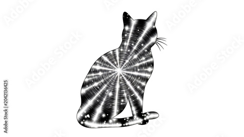Silhouetted cat with radial starburst pattern isolated on a transparent background, cat silhouette radial, black and white