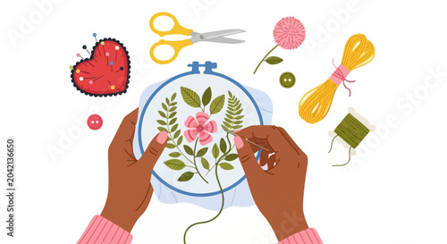 Bild auf Leinwand Hands embroidering pink flower on fabric, sewing tools, craft concept, DIY backg