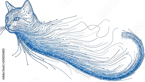 Stylized cat with dynamic blue streamline tail isolated on a transparent background, cat stylized cat