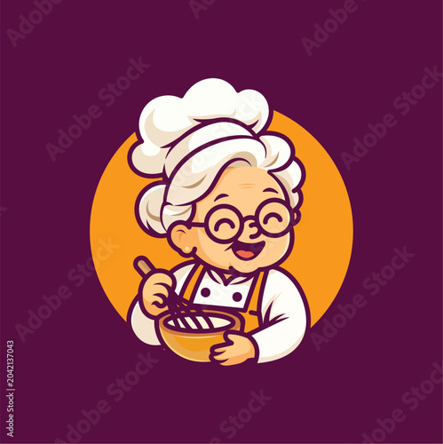 Cute grandma chef logo vector illustration, happy grandmother baking with whisk and bowl, cartoon mascot character for bakery, restaurant, and homemade food brand.