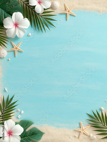 Summer beach background with copy space, tropical palm leaves, white hibiscus flowers, and starfish on sand frame over light blue wooden texture