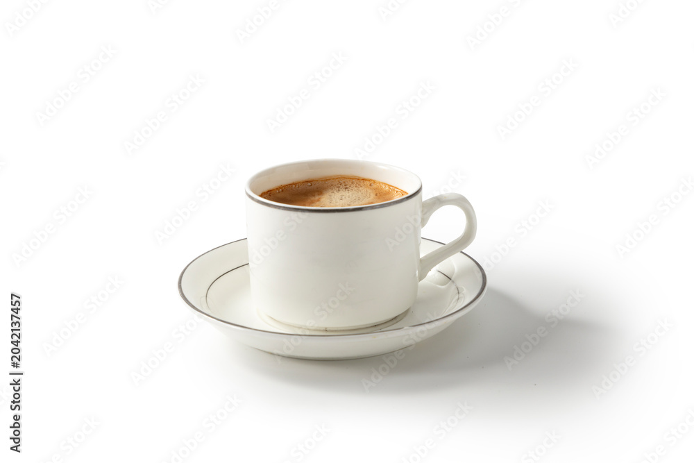 Obraz premium White coffee cup filled with espresso on a matching saucer isolated on white background
