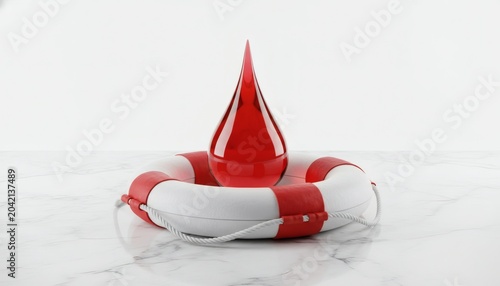 Red lifesaver ring with blood drop symbol on a marble surface, symbolizing medical emergency aid and healthcare support concept for World Blood Donor Day