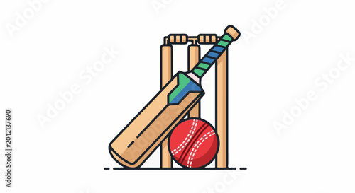 Flat illustration of a cricket bat and ball with wickets