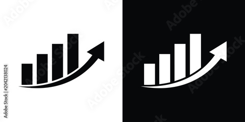 Progressive bar chart with a curved upward moving arrow. Clean corporate growth and financial development symbol on split backgrounds.