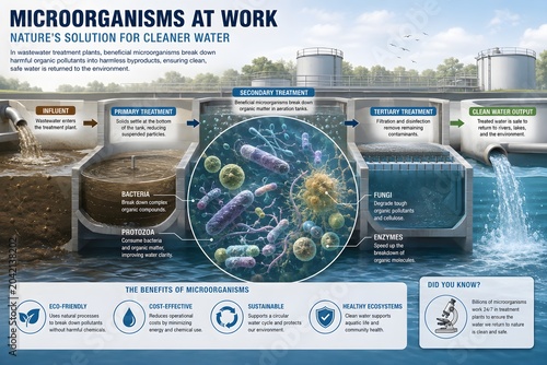 Wastewater Treatment Process Illustration Showing Beneficial Microorganisms Breaking Down Organic Pollutants