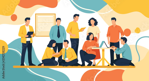 Foto A group of people collaborate in a digital workplace with a flat design aesthetic