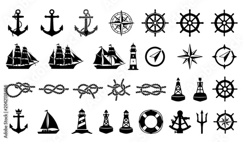 Obraz na plátne Maritime nautical silhouette assortment with anchors sailboats and navigation sy